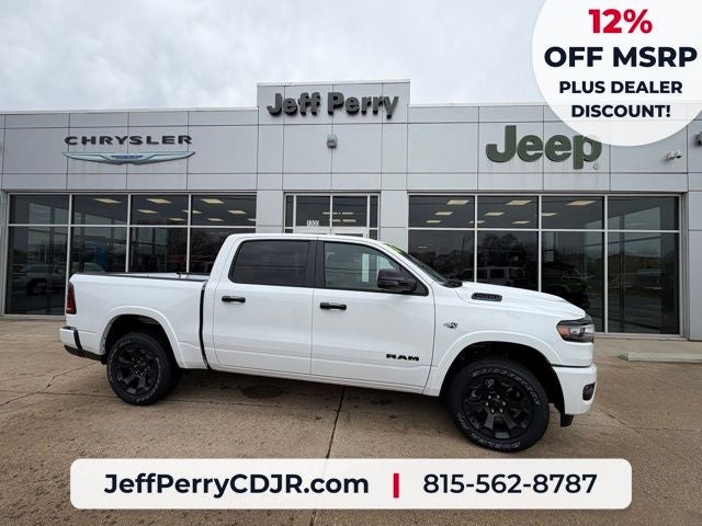 2026 RAM Ram 1500 RAM 1500 BIG HORN CREW CAB 4X4 5'7' BOX in Bright White Clear-Coat Exterior Paint — front three-quarter view