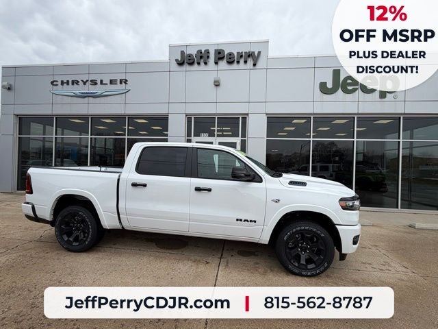 2026 RAM Ram 1500 RAM 1500 BIG HORN CREW CAB 4X4 5'7' BOX in Bright White Clear-Coat Exterior Paint — front three-quarter view