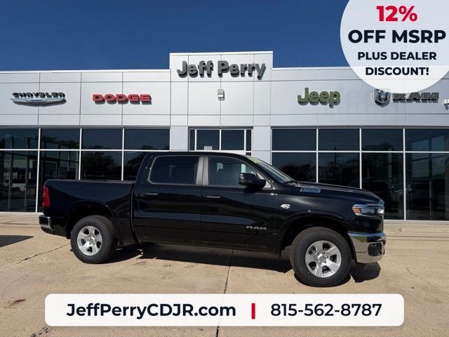 2026 RAM Ram 1500 RAM 1500 BIG HORN CREW CAB 4X4 5'7' BOX in Diamond Black Crystal Pearl-Coat Exterior Paint — front three-quarter view