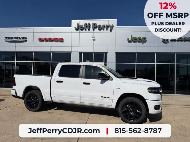 2026 RAM Ram 1500 RAM 1500 LARAMIE CREW CAB 4X4 5'7' BOX in Bright White Clear-Coat Exterior Paint — front three-quarter view
