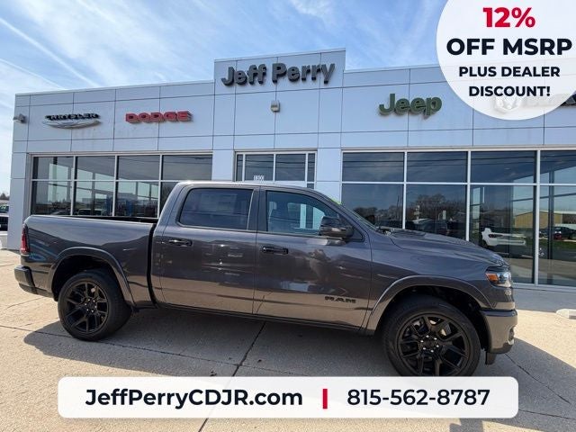 2026 RAM Ram 1500 RAM 1500 LARAMIE CREW CAB 4X4 5'7' BOX in Granite Crystal Metallic Clear-Coat Exterior Paint — front three-quarter view